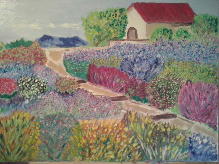 Painting titled "Jardin fleuri" by Maurice Lucien Fus, Original Artwork, Oil