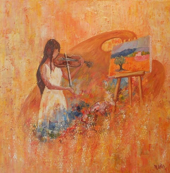 Peinture intitulée "La violoniste et la…" par Maurice Vetier, Œuvre d'art originale, Huile Monté sur Châssis en bois