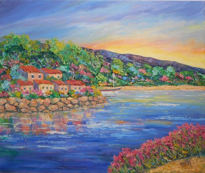 Painting titled "Côte d'azur" by Maurice Vetier, Original Artwork, Oil Mounted on Wood Stretcher frame
