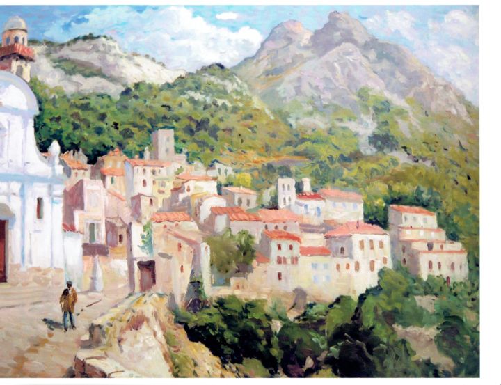 Pittura intitolato "Village Corse" da Maurice Fhima, Opera d'arte originale, Olio