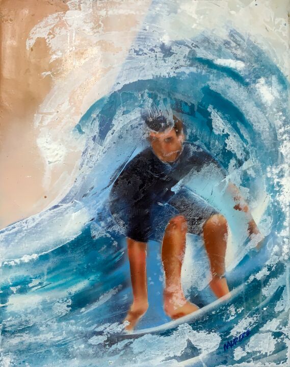 Schilderij getiteld "Surfista y playa" door Mauricio Jose Miranda, Origineel Kunstwerk, Acryl