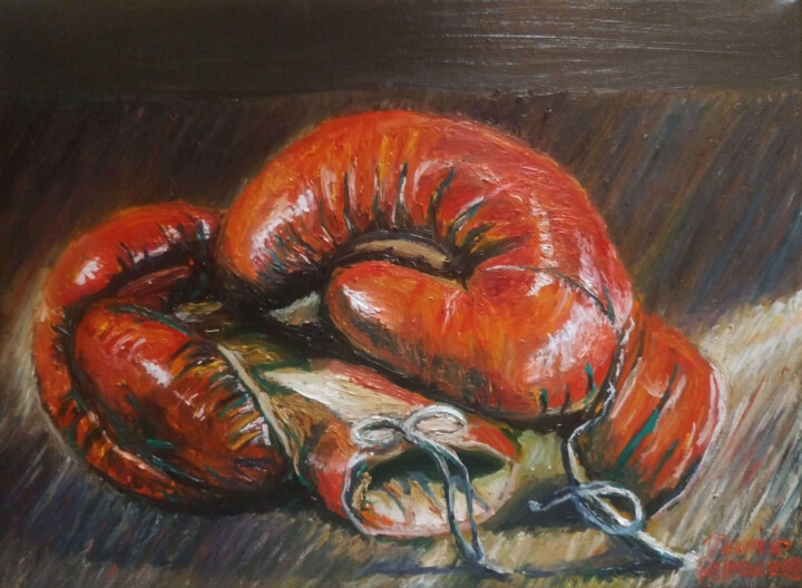 Painting titled "Red boxing gloves o…" by Mauricio Palma, Original Artwork, Oil