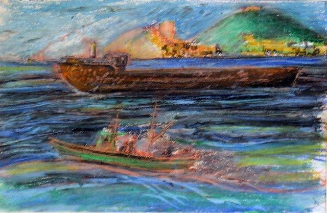Painting titled "Petroliera nel golfo" by Maurizio Aprea, Original Artwork, Pastel