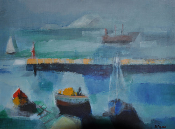 Pittura intitolato "pescatori in porto" da Maurizio Aprea, Opera d'arte originale, Acrilico