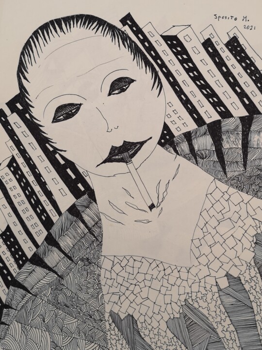 Dibujo titulada "La fumatrice" por Mauro Sposito, Obra de arte original, Pluma de gel