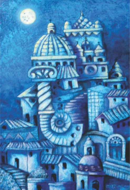 Pintura intitulada "Quito en azul" por Carrión, Obras de arte originais, Acrílico
