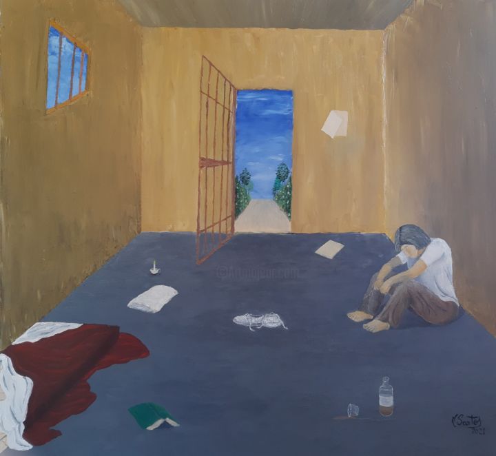 제목이 "Mental Prisons"인 미술작품 Mauro Santos로, 원작, 기름 나무 들것 프레임에 장착됨