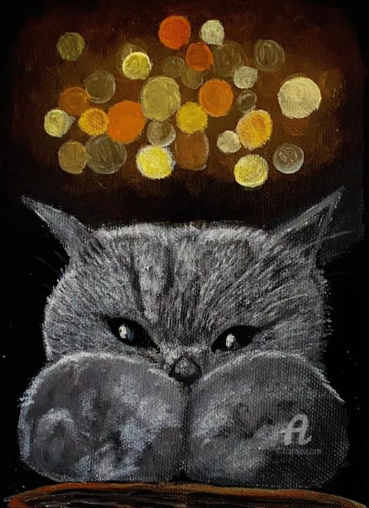 Painting titled "Cat's Secret" by Mavis Akimoto, Original Artwork, Acrylic