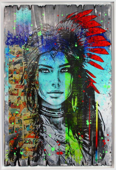 Painting titled "super indian girl #2" by Max Andriot, Original Artwork, Acrylic Mounted on Wood Stretcher frame