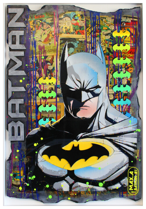 Painting titled "batman fragment #1" by Max Andriot, Original Artwork, Spray paint Mounted on Wood Stretcher frame