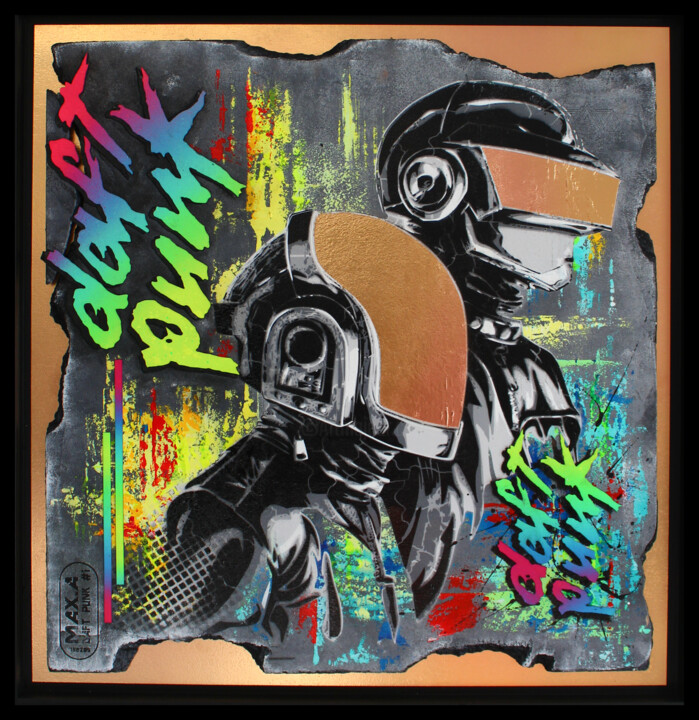 Schilderij getiteld "daft punk fragment…" door Max Andriot, Origineel Kunstwerk, Graffiti Gemonteerd op Frame voor houten br…