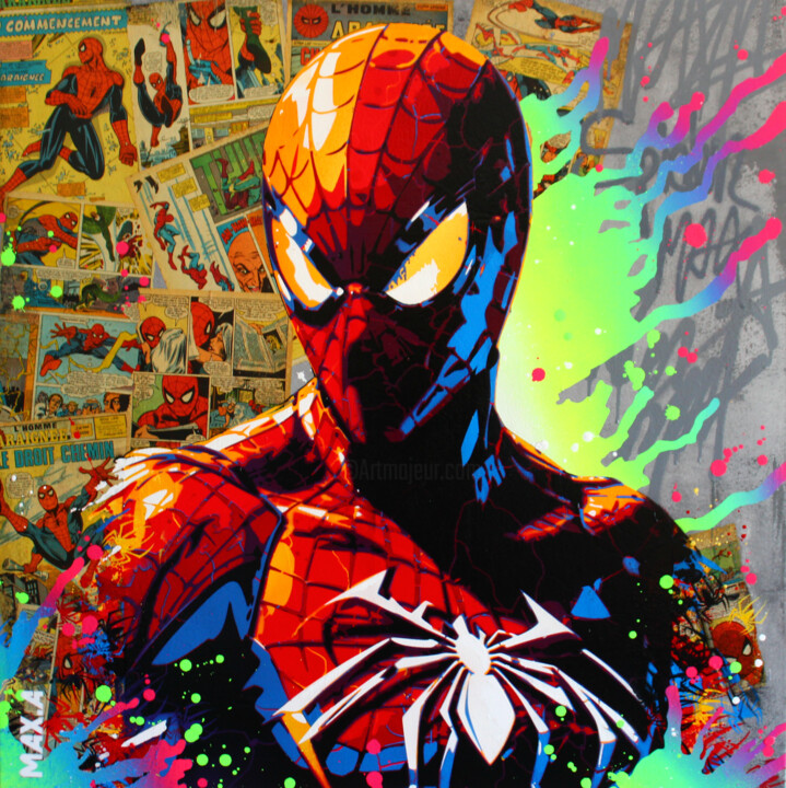 Painting titled "spiderman "le droit…" by Max Andriot, Original Artwork, Acrylic Mounted on Wood Stretcher frame