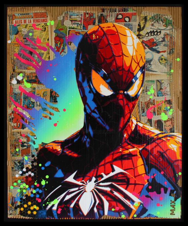 Картина под названием "spiderman " les ail…" - Max Andriot, Подлинное произведение искусства, Акрил Установлен на Деревянная…
