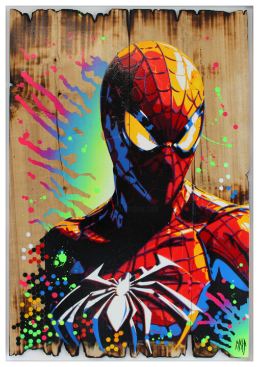 Malarstwo zatytułowany „spiderman wood style” autorstwa Max Andriot, Oryginalna praca, Akryl Zamontowany na Drewniana rama n…