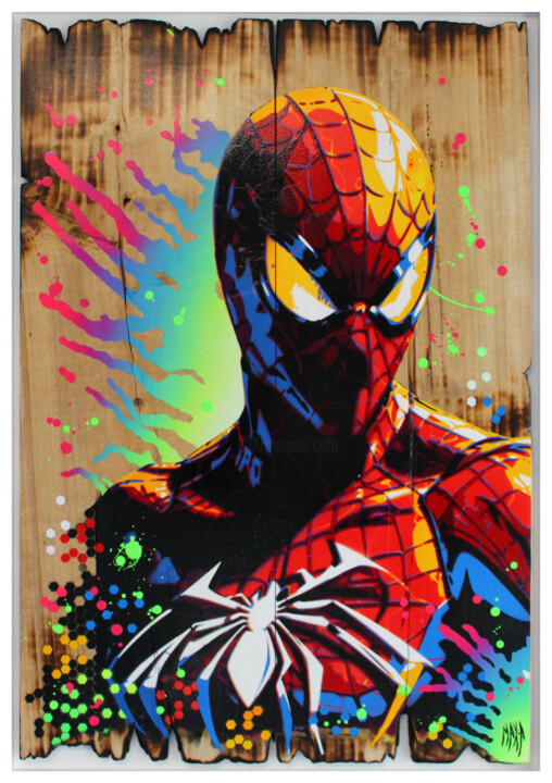 Peinture intitulée "spiderman wood style" par Max Andriot, Œuvre d'art originale, Acrylique Monté sur Châssis en bois