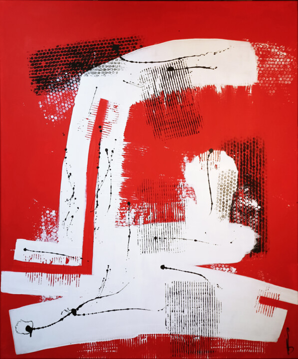 Schilderij getiteld "Rojo #102" door Max Fülöp, Origineel Kunstwerk, Acryl Gemonteerd op Frame voor houten brancard
