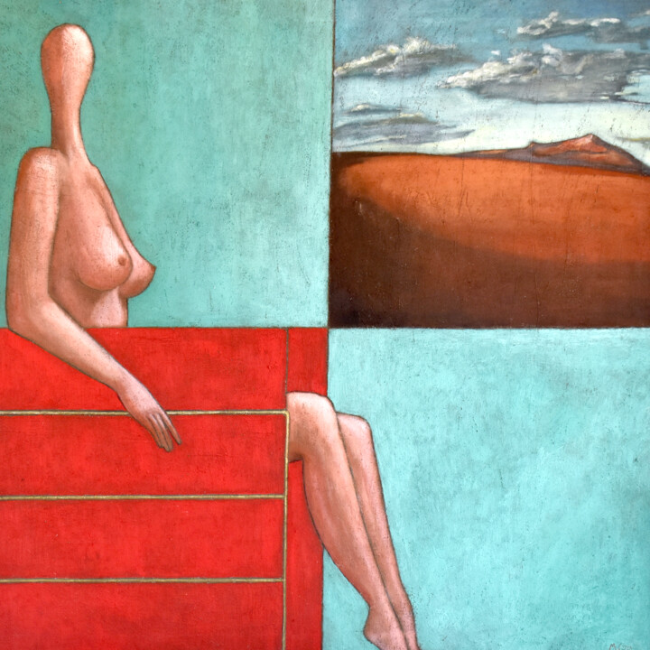 Peinture intitulée "Sitzende vor Landsc…" par Max Leonhard, Œuvre d'art originale, Pigments