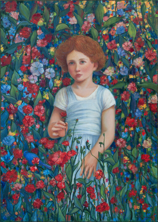 Painting titled "Little girl in the…" by Max Olkhovsky, Original Artwork, Oil Mounted on Wood Stretcher frame