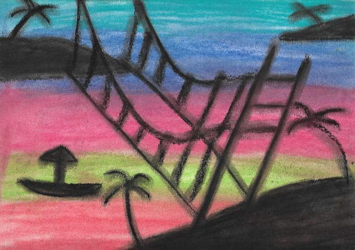Drawing titled "Pont suspendu" by Maxent Krier, Original Artwork, Pastel
