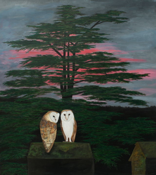 Painting titled "Barn Owls on a Chur…" by Robert Harris, Original Art, Oil