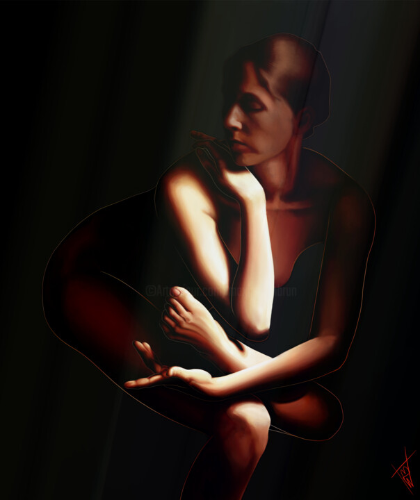 Digital Arts titled "Light on skin" by Maximilien Brun, Original Artwork, Digital Painting Mounted on Wood Stretcher frame
