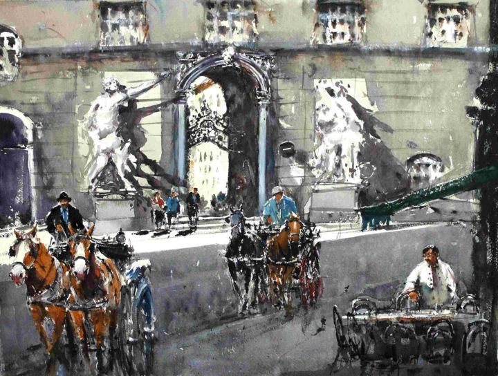 Картина под названием "vienna-horses-2.jpg" - Maximilian Damico, Подлинное произведение искусства, Акварель