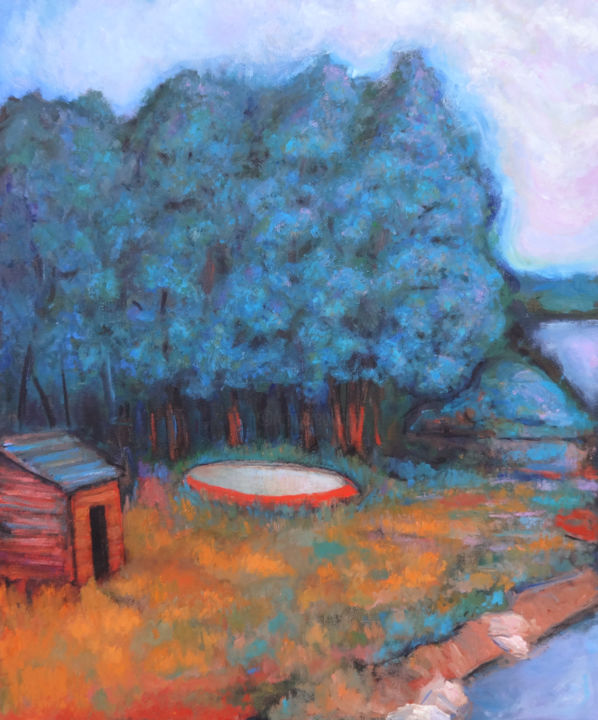 Malerei mit dem Titel "Fishermen's hut" von Massimiliano Ligabue, Original-Kunstwerk, Öl