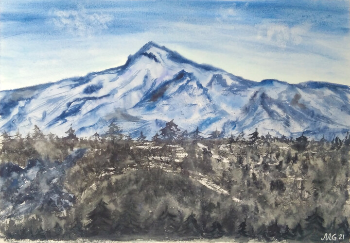 Pittura intitolato "Mountains in the fo…" da Maya Galleas, Opera d'arte originale, Acquarello