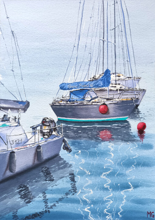 Peinture intitulée "Harbor Tranquility" par Maya Galleas, Œuvre d'art originale, Aquarelle
