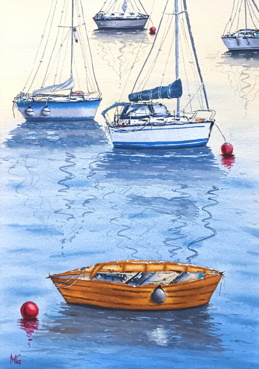 Painting titled "Sailing into Sunlit…" by Maya Galleas, Original Artwork, Watercolor
