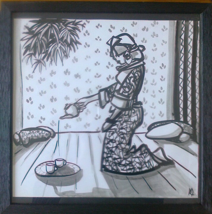 Dessin intitulée "Cérémonie du thé" par Maya Ratovondrahona, Œuvre d'art originale, Encre