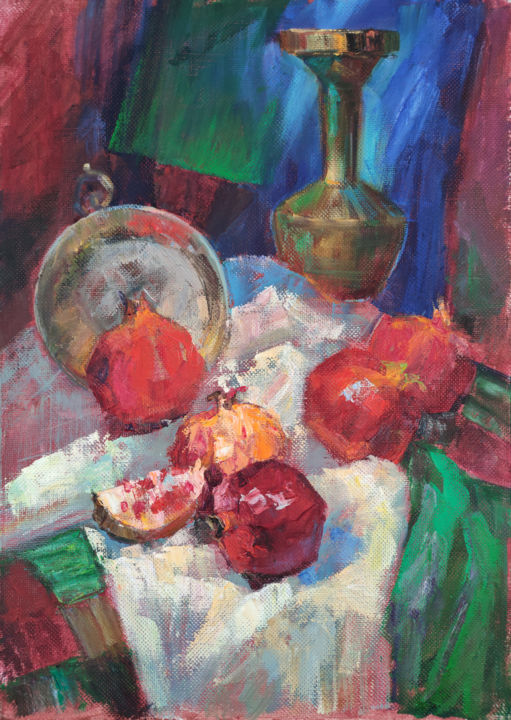 Painting titled "Still life with pom…" by Maya Kors, Original Artwork, Oil