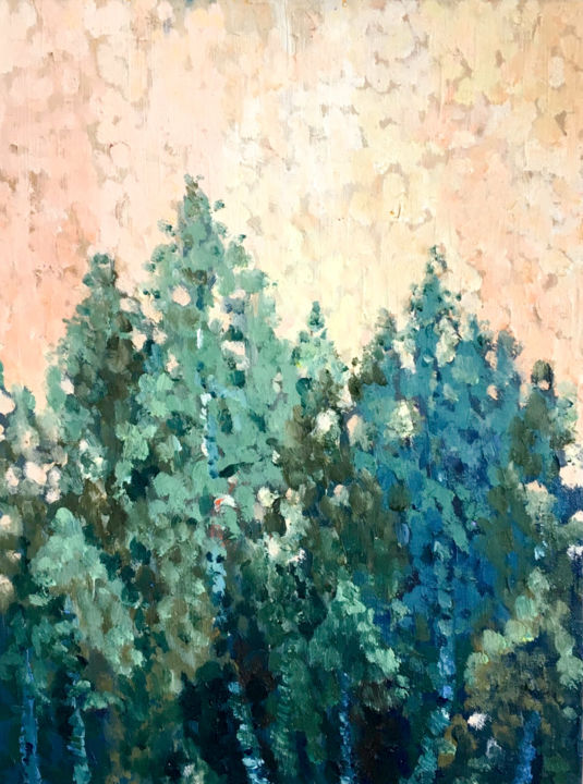 Картина под названием "Березы на закате" - Майя Москвичева, Подлинное произведение искусства, Масло