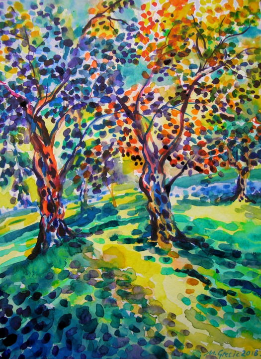 Painting titled "Old olive orchard VI" by Maja Grecic, Original Artwork, Watercolor