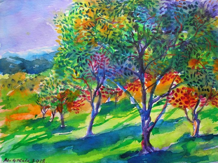 Painting titled "Old olive orchard X" by Maja Grecic, Original Artwork, Watercolor