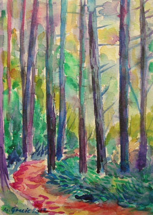 Painting titled "Red path in the woo…" by Maja Grecic, Original Artwork, Watercolor