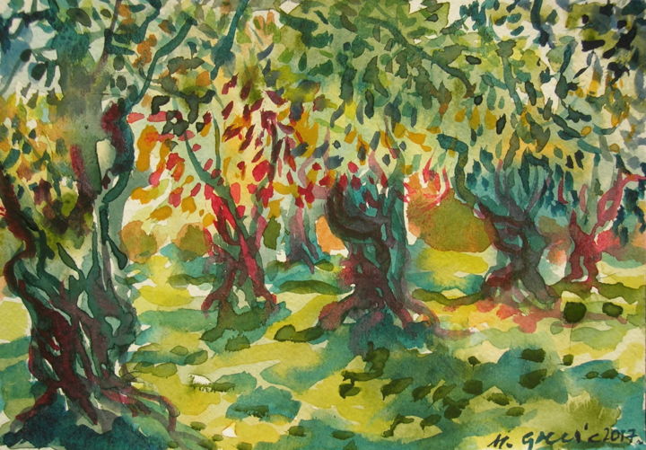 Painting titled "Sunlit olive orchard" by Maja Grecic, Original Artwork, Watercolor