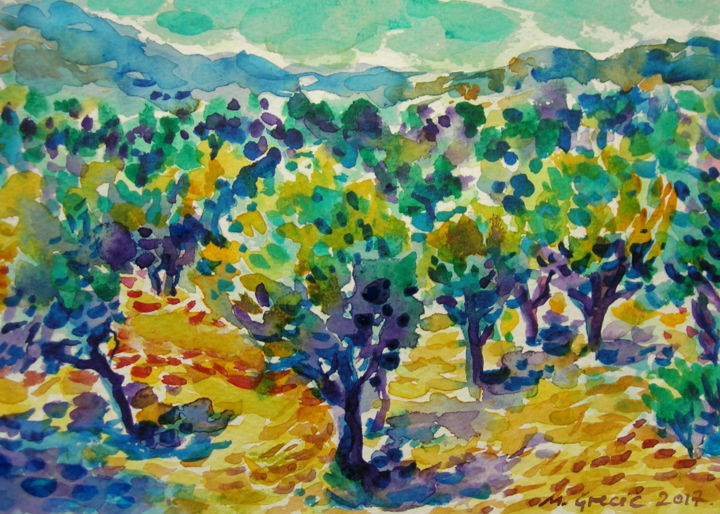 Painting titled "Summer orchard" by Maja Grecic, Original Artwork, Watercolor