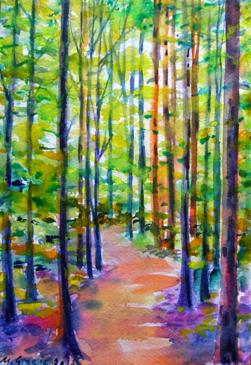 Peinture intitulée "Forest path, 2018." par Maja Grecic, Œuvre d'art originale, Aquarelle