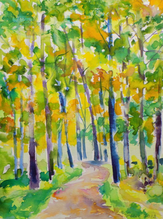 Painting titled "September forest" by Maja Grecic, Original Artwork, Watercolor