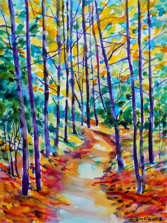 Painting titled "Forest path V" by Maja Grecic, Original Artwork, Watercolor