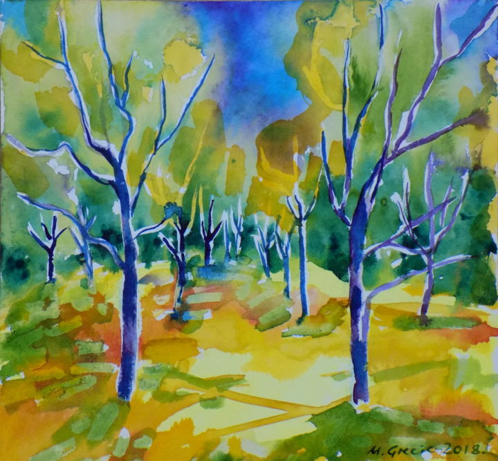 Painting titled "Evening yellows" by Maja Grecic, Original Artwork, Watercolor