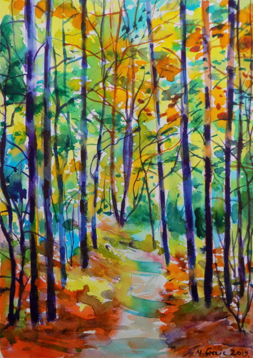 Painting titled "Forest path VIII" by Maja Grecic, Original Artwork, Watercolor