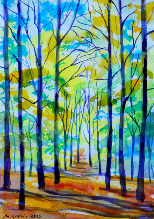 Schilderij getiteld "Forest path XII" door Maja Grecic, Origineel Kunstwerk, Aquarel