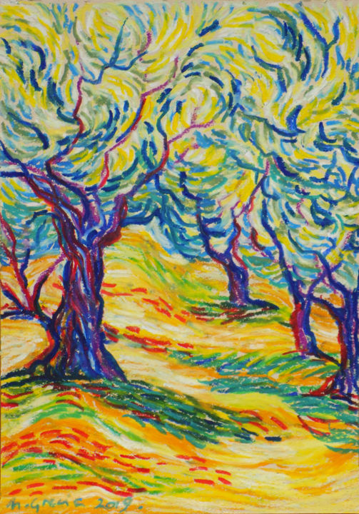 Drawing titled "Turbulent orchard" by Maja Grecic, Original Artwork, Pastel