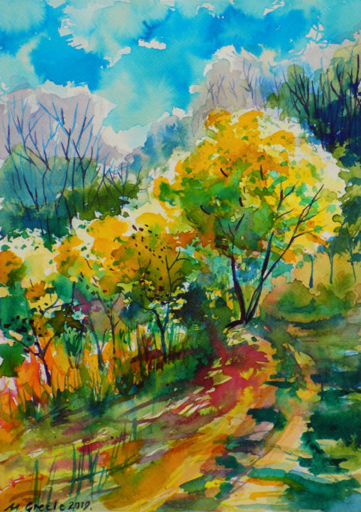 Painting titled "A path on the hill" by Maja Grecic, Original Artwork, Watercolor