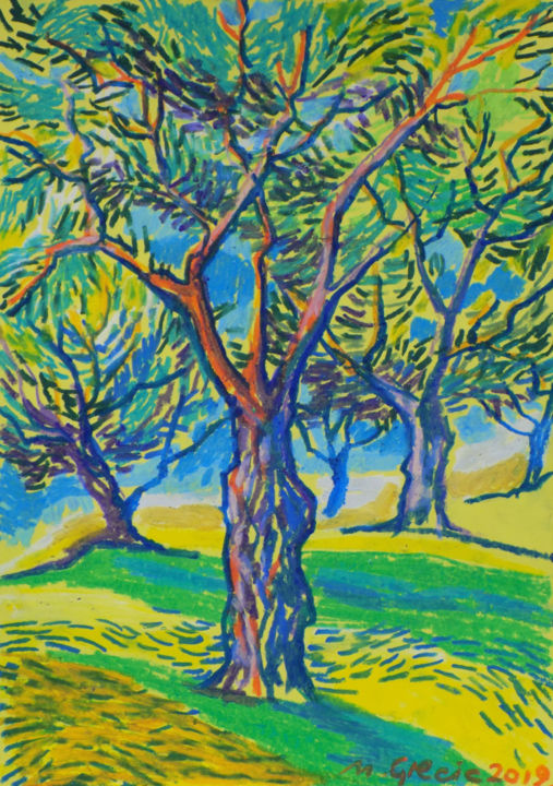 Disegno intitolato "Olive grove No 5" da Maja Grecic, Opera d'arte originale, Pastello