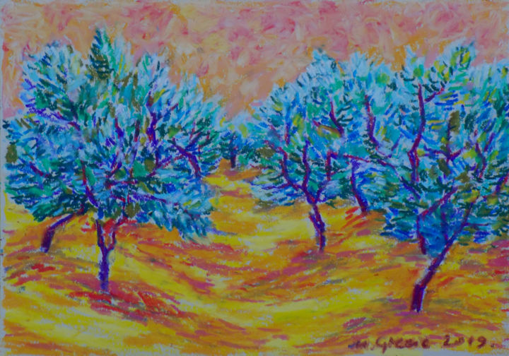 Drawing titled "Summertime orchard" by Maja Grecic, Original Artwork, Pastel