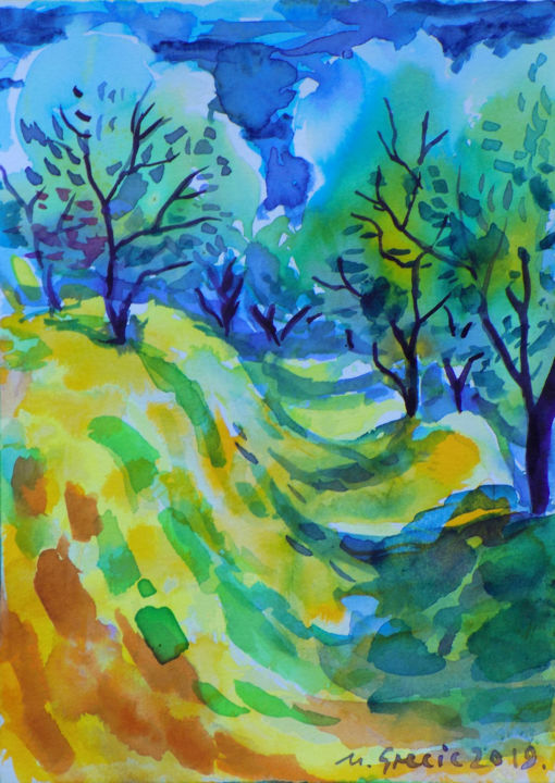 Painting titled "Orchard on a slope" by Maja Grecic, Original Artwork, Watercolor