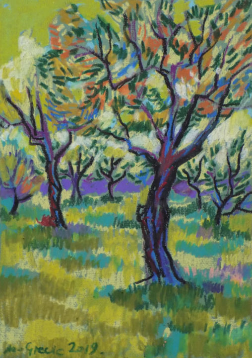 Dessin intitulée "Olive grove No 11" par Maja Grecic, Œuvre d'art originale, Pastel